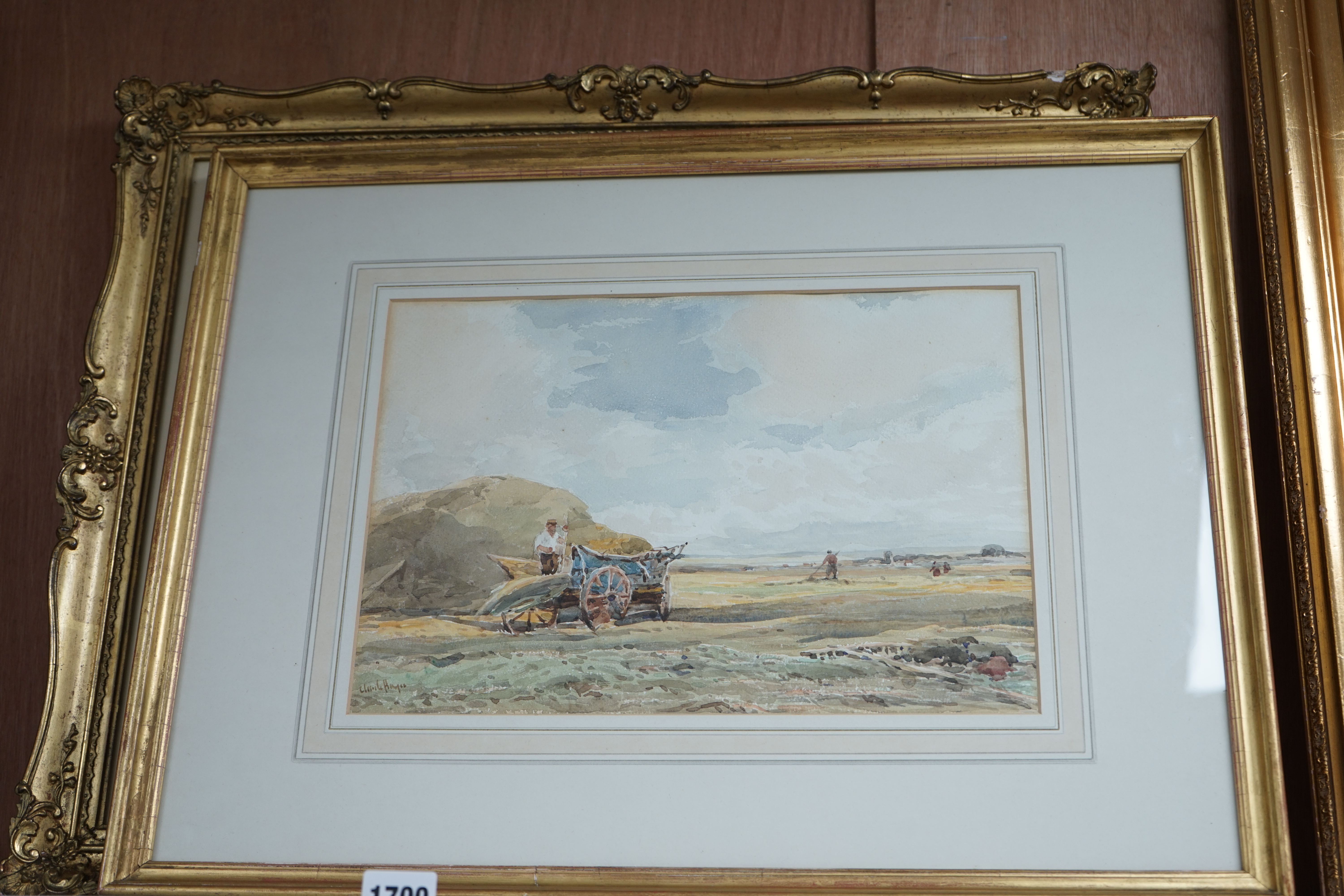 Claude Hayes (1852-1922), two watercolours, 'Haymaking, Norfolk' and 'Cornfield near Bredon, Worcestershire', each signed, 24 x 34cm, gilt framed. Condition - poor to fair, some staining and foxing